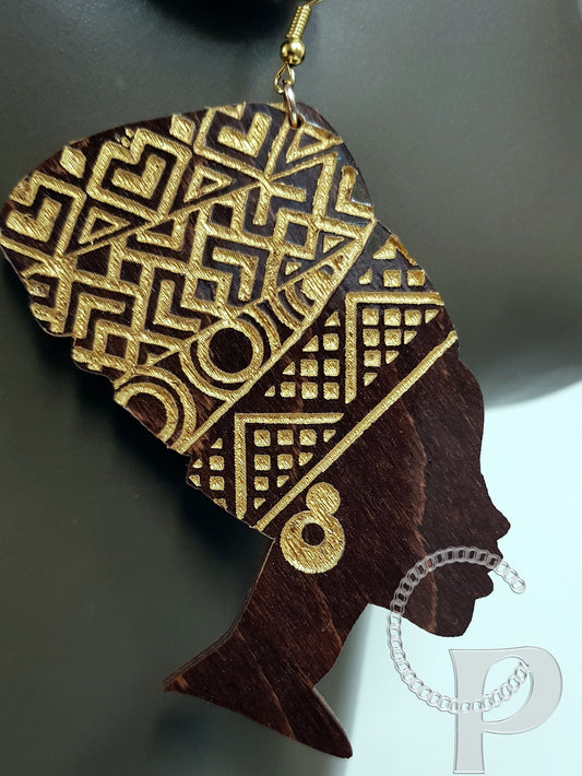 African woman Queen head wrap silhouette wooden engraved wood earrings brown and gold