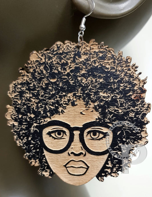 African woman Afro silhouette wooden engraved natural hair glasses earrings black