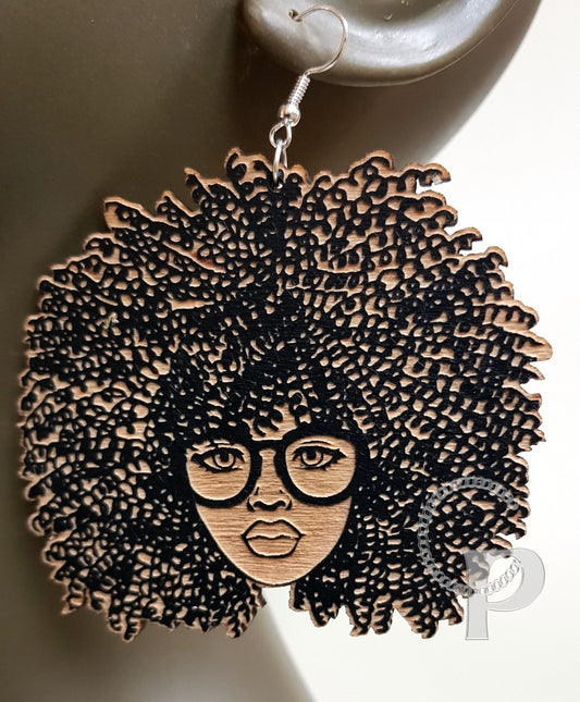 African woman Afro silhouette wooden engraved natural hair coils glasses earrings black