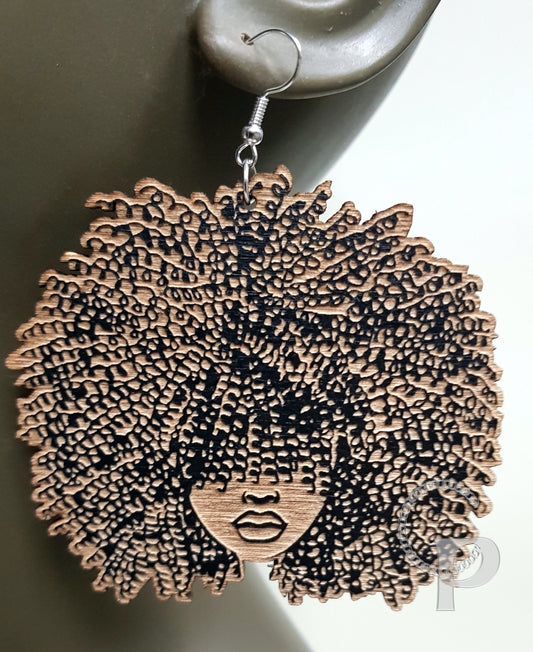 African woman Afro silhouette wooden engraved natural hair coils bangs earrings black