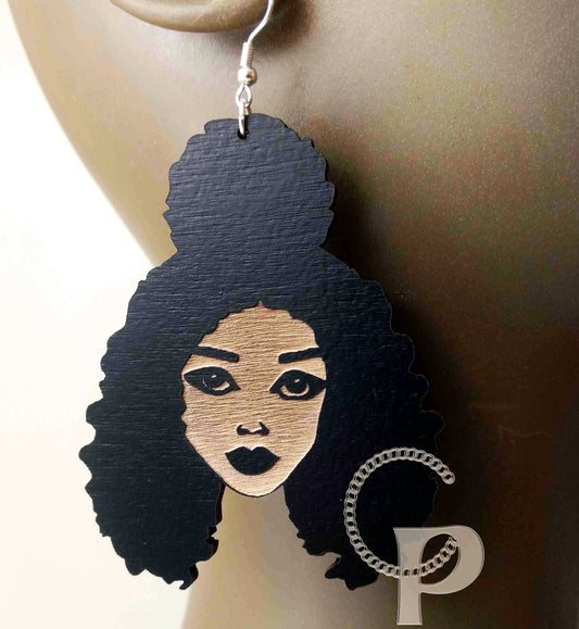 African woman Afro silhouette wooden engraved natural hair African woman half puff silhouette black