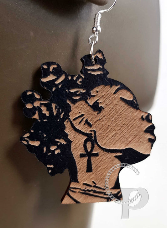 African earrings woman Afro silhouette wooden engraved natural hair Bantu Knots black