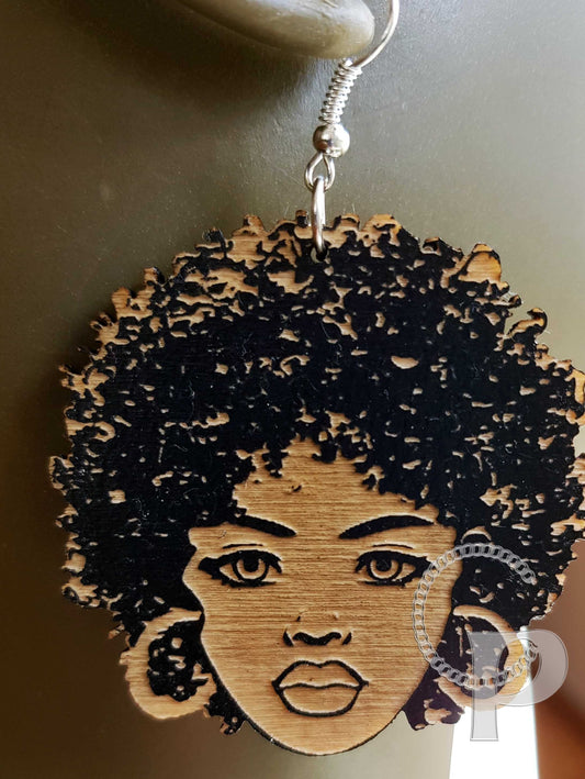 African woman Afro silhouette wooden engraved natural hair earrings black