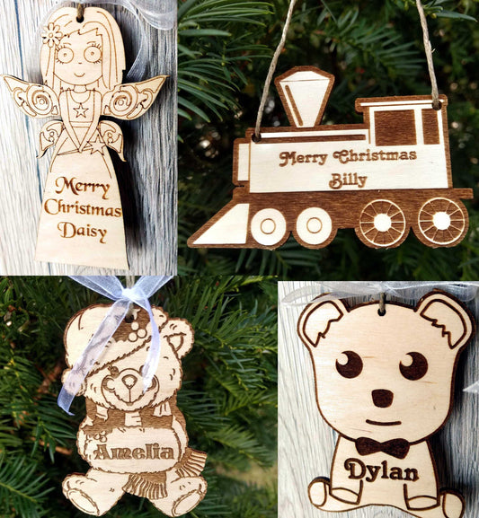 Personalized name bauble wood ornament first Christmas tree eco decorations Xmas any message text wooden natural tree kids name