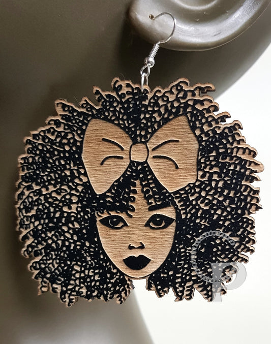 African woman Afro silhouette wooden engraved natural hair coils bow earrings black