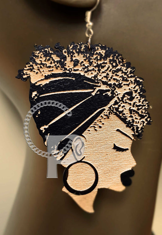 African woman Afro silhouette wooden engraved natural hair headwrap updo earrings black