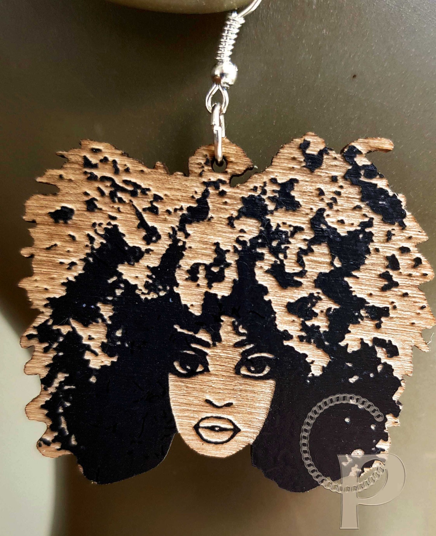 African woman Afro silhouette wooden engraved natural hair earrings large fluffy