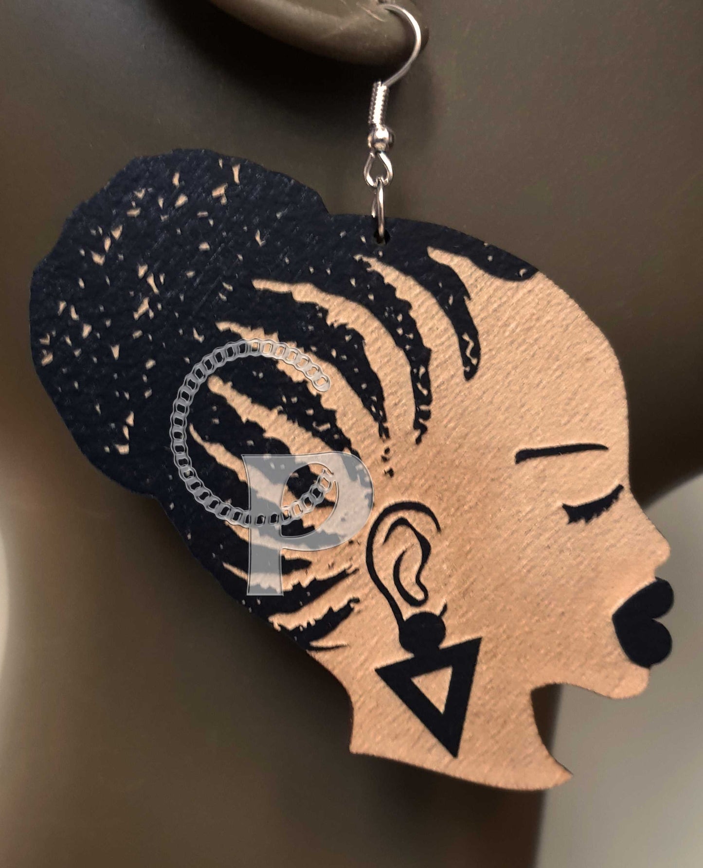 African woman Afro silhouette wooden engraved natural hair cornrows updo earrings black