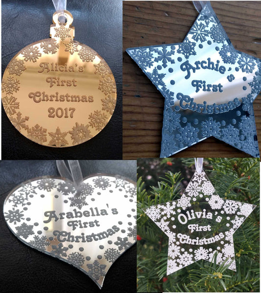 Personalized name bauble heart star shape first Christmas tree ornament decorations Xmas any message your text clear gold or silver mirror