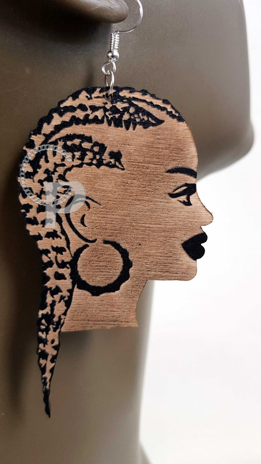 African woman Afro silhouette wooden engraved natural hair cornrows earrings black