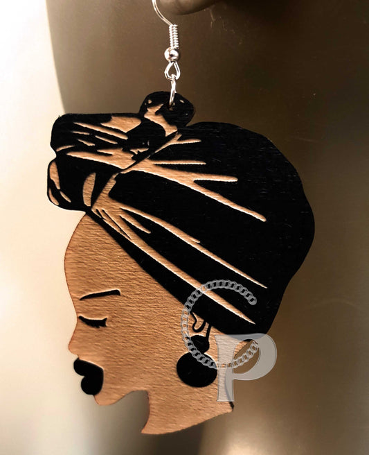 African woman Afro silhouette wooden engraved natural hair headwrap earrings black