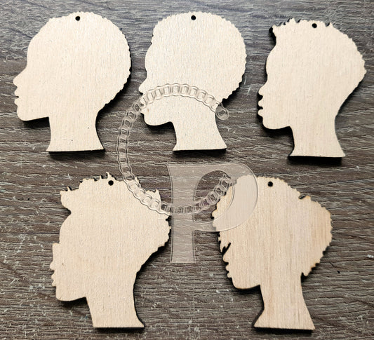 10 plain wooden Africa girl natural hair shapes jewelry earrings making laser cut crafts short Afro silhouette unfinished Free postage