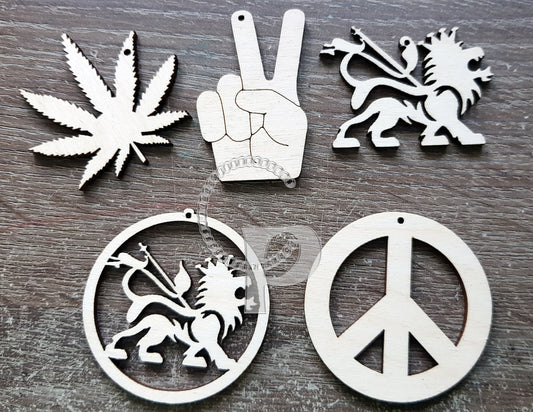 10 plain wooden Rastafarian symbols shapes peace sign Lion of Judah weed leaf jewelry rasta earrings making laser cut crafts wood blanks