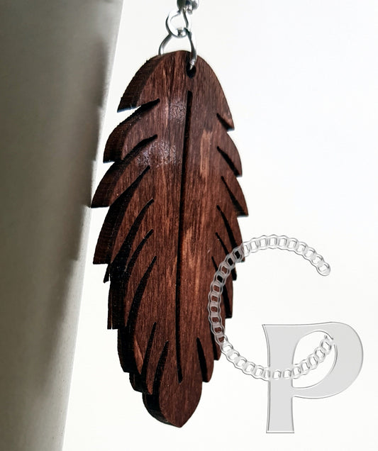 Laser cut wooden earrings feather shape in Indian rosewood or mahogany