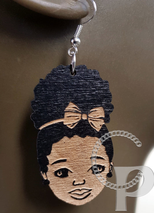 African girl Afro silhouette wooden engraved natural hair earrings woman puff bow