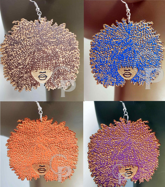 African woman Afro silhouette wooden engraved natural hair coils bangs earrings colored afro brown blue pink red blonde gray purple afro