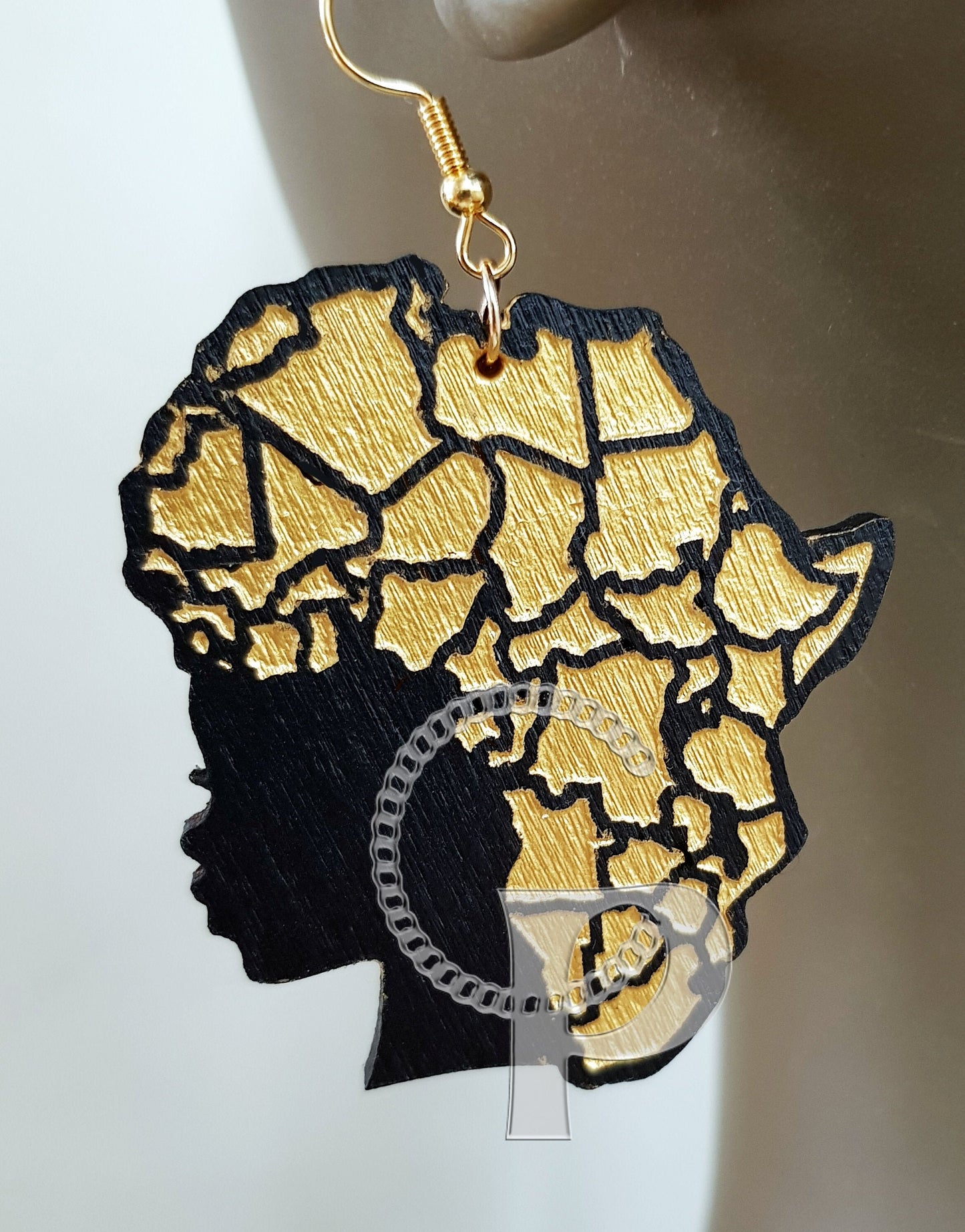 Africa earrings Afro silhouette wooden engraved natural hair earrings black and gold