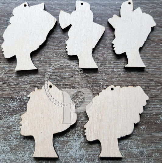 Wooden African woman queen shapes jewelry earrings blanks x 10 making laser cut crafts decoupage headwrap diva silhouette unfinished