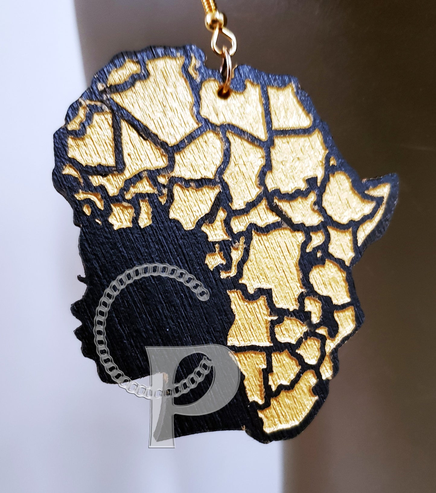 Africa earrings Afro silhouette wooden engraved natural hair earrings black and gold