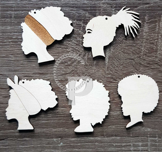 10 plain wooden African girl natural hair shapes jewelry earrings making laser cut crafts decoupage Locs Afro headwrap silhouette unfinished