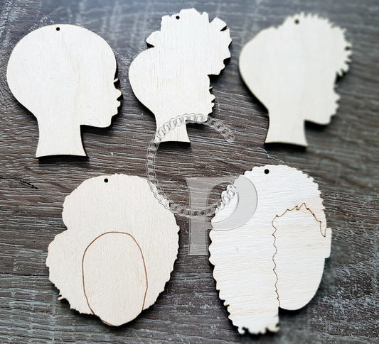 10 Wooden shapes for jewelry making Africa girl natural hair earrings blank supplies crafts Afro silhouette unfinished Free postage