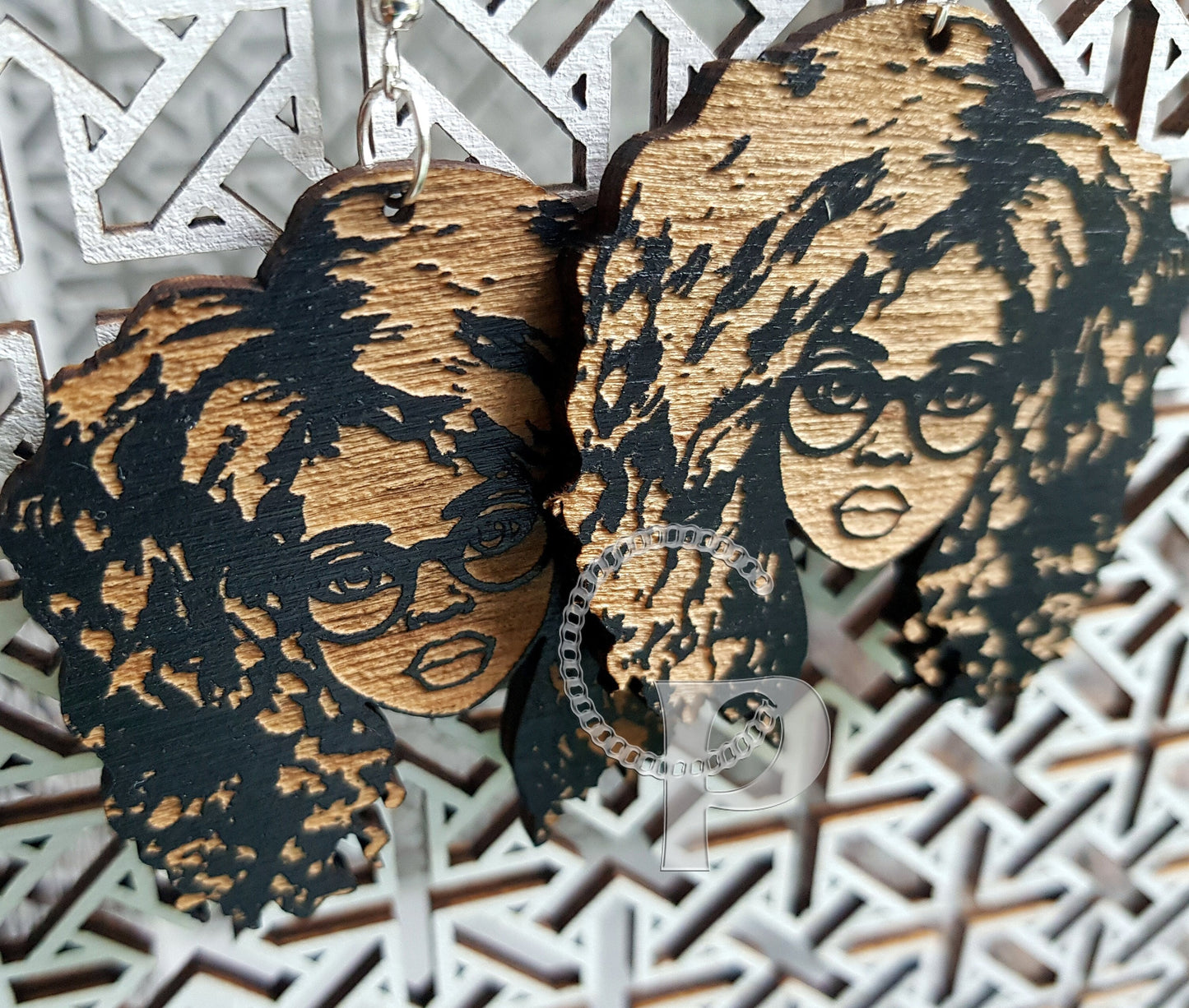 African earrings Afro woman silhouette wooden engraved natural hair glasses waves black