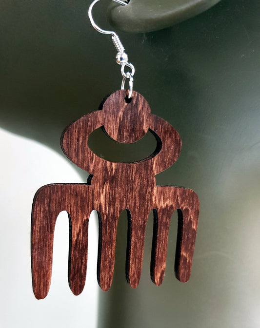 Duafe wooden earrings, pick Adinkra Symbol afro comb dark brown African earrings