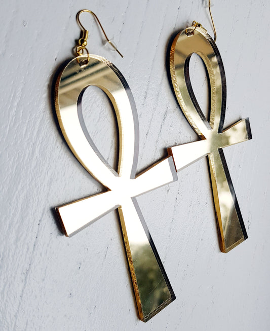 Ankh earrings in silver or gold mirror acrylic Africa Symbol Egyptian Cross