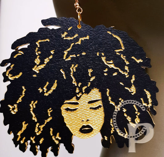 African woman Afro silhouette wooden engraved natural hair earrings black and gold