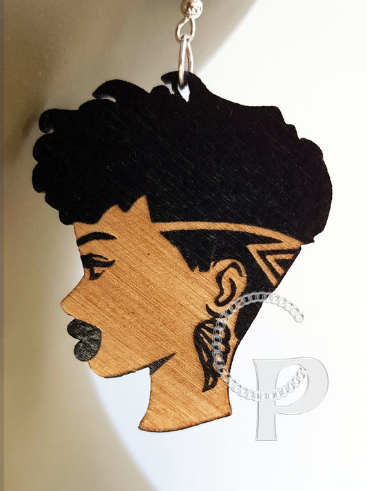 African earrings woman Afro silhouette wooden natural hair short undercut earrings black