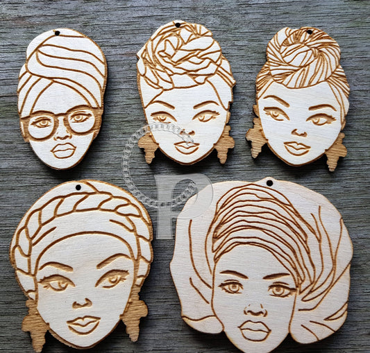 Wooden earrings making shapes African queen head wrap jewelry earrings making laser cut crafts turbanista silhouette unfinished