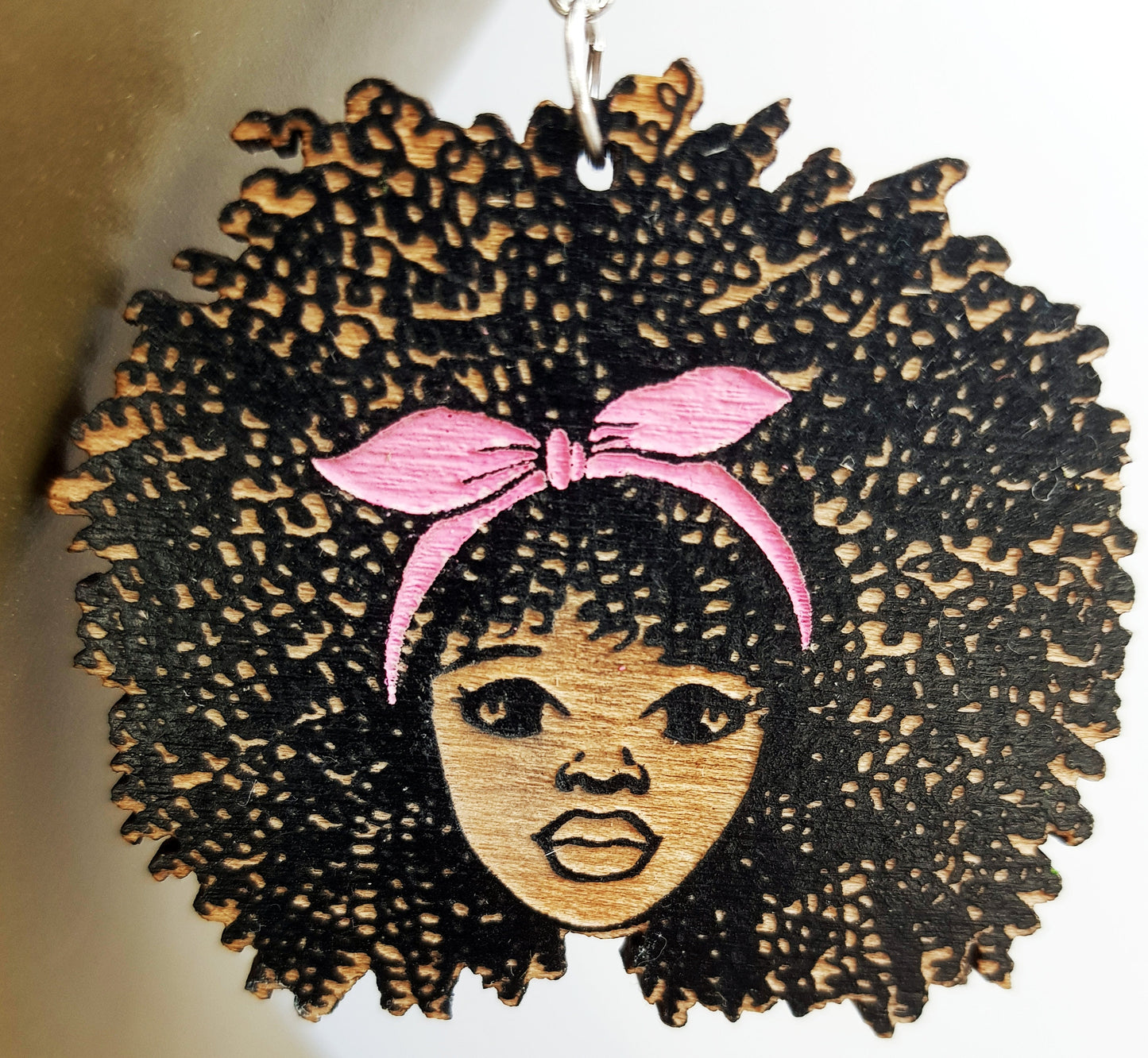 African earrings woman Afro silhouette wooden engraved natural hair girl with a bow colors