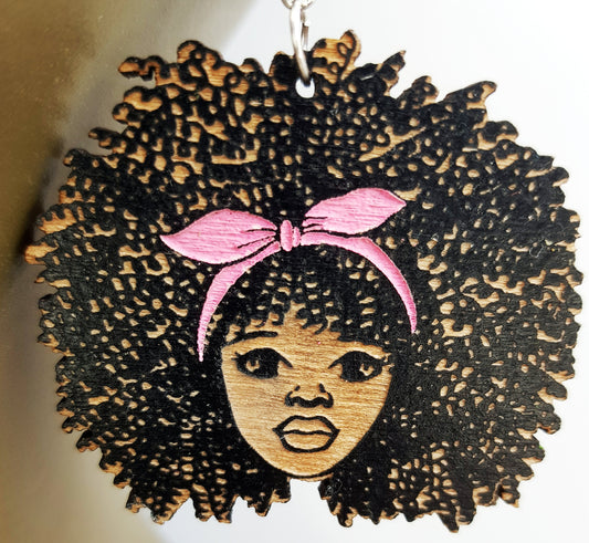 African earrings woman Afro silhouette wooden engraved natural hair girl with a bow colors