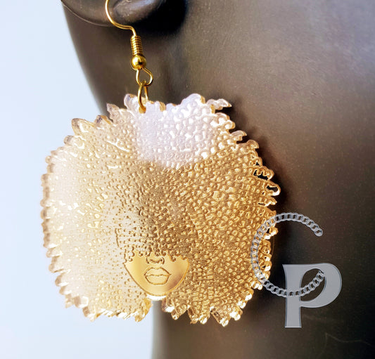 African earrings gold mirror Afro silhouette woman acrylic engraved natural hair coils glasses