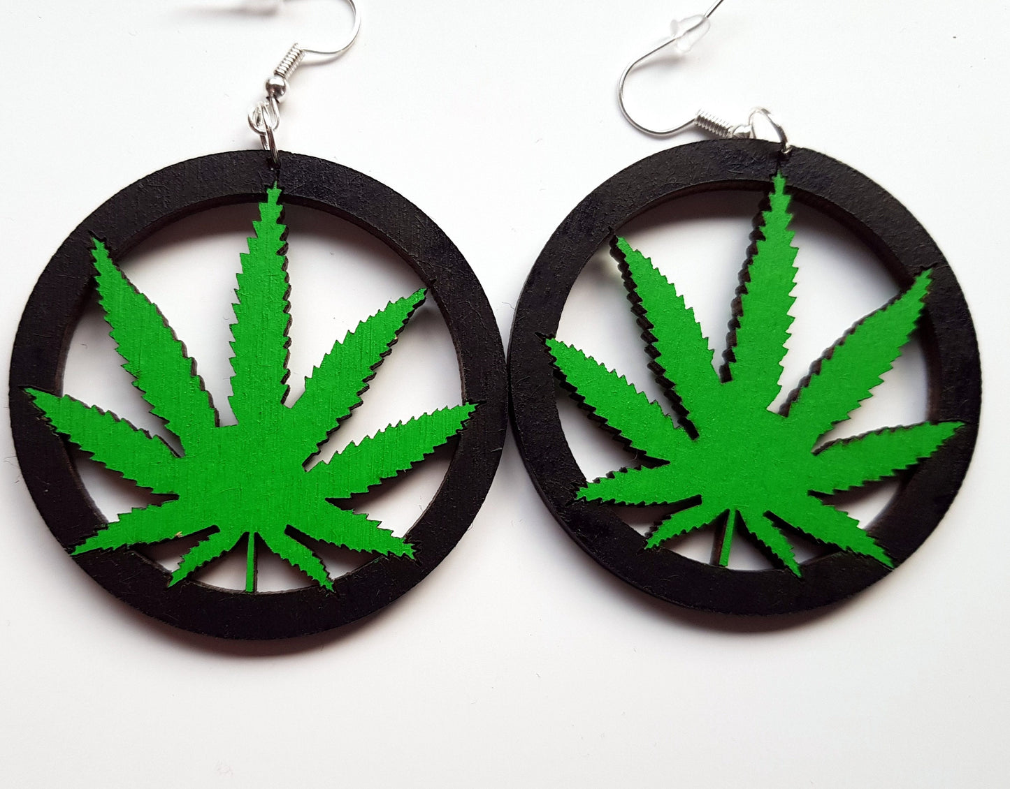 Marijuana leaf wooden earrings large sizes lightweight green