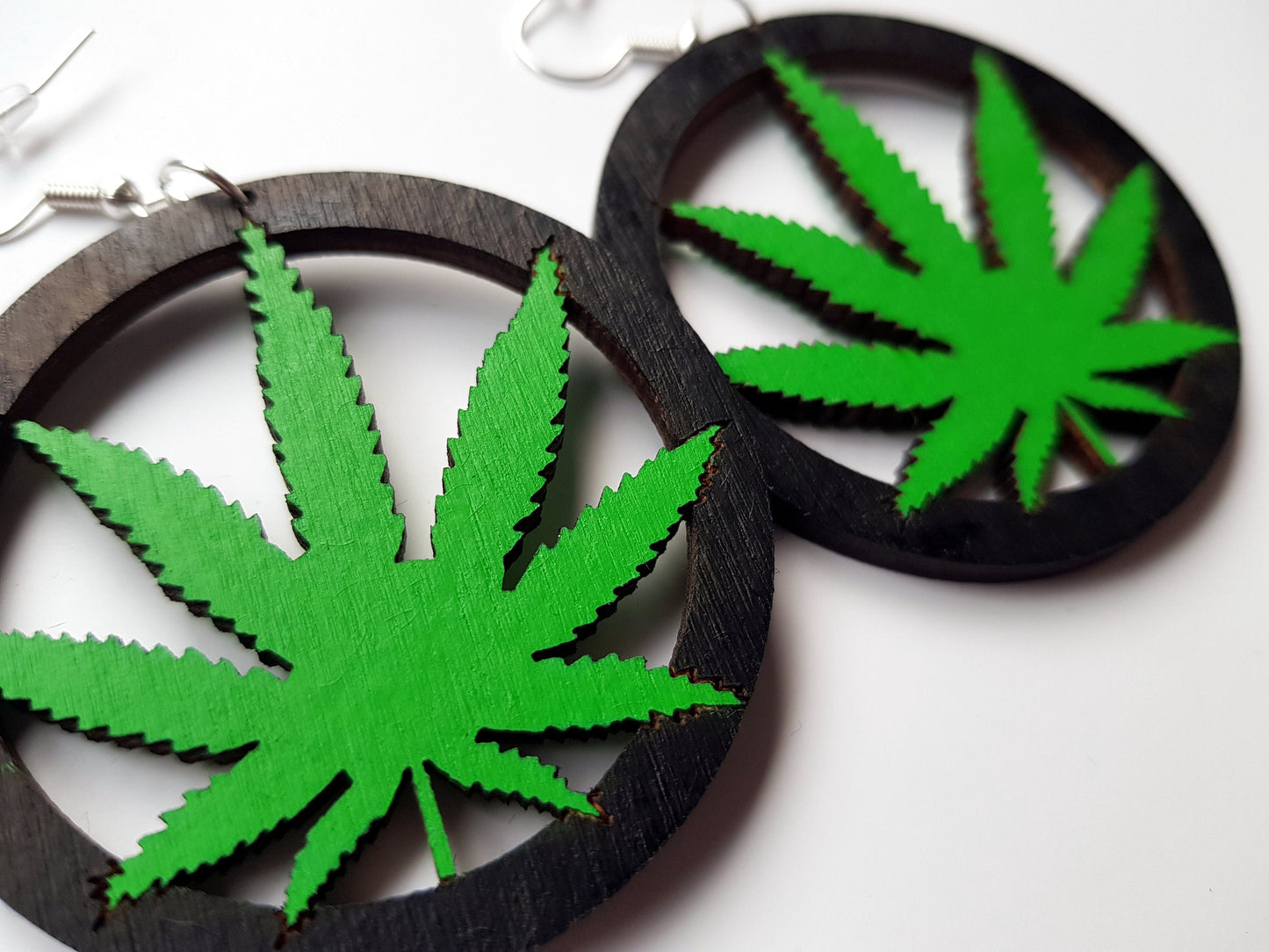 Marijuana leaf wooden earrings large sizes lightweight green