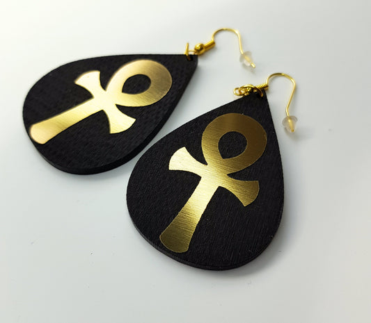 Ankh earrings acrylic teardrops with metallic look gold and black