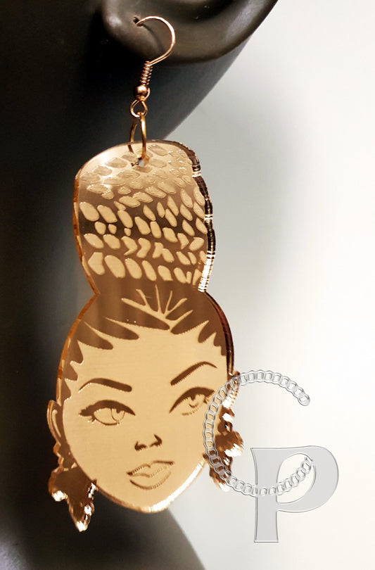 African earrings gold mirror Afro silhouette woman acrylic engraved natural hair crown