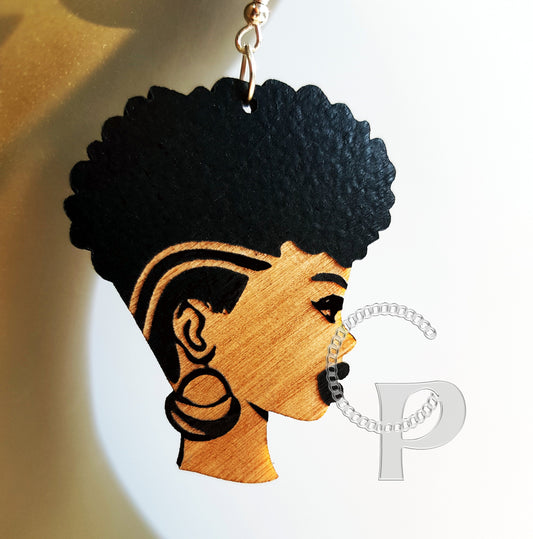 African earrings woman Afro silhouette wooden natural hair short curly undercut earrings black