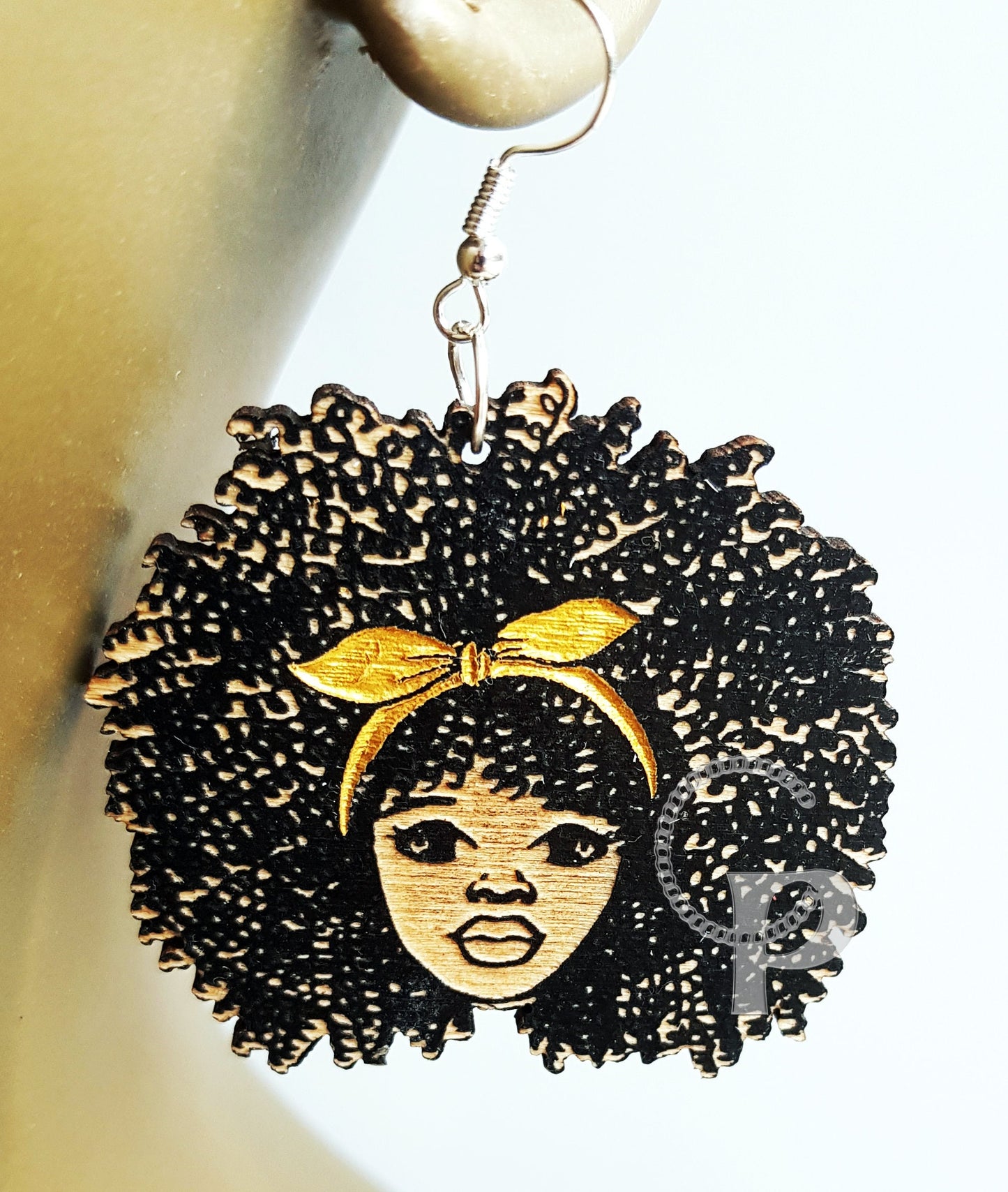 African earrings woman Afro silhouette wooden engraved natural hair girl with a bow colors