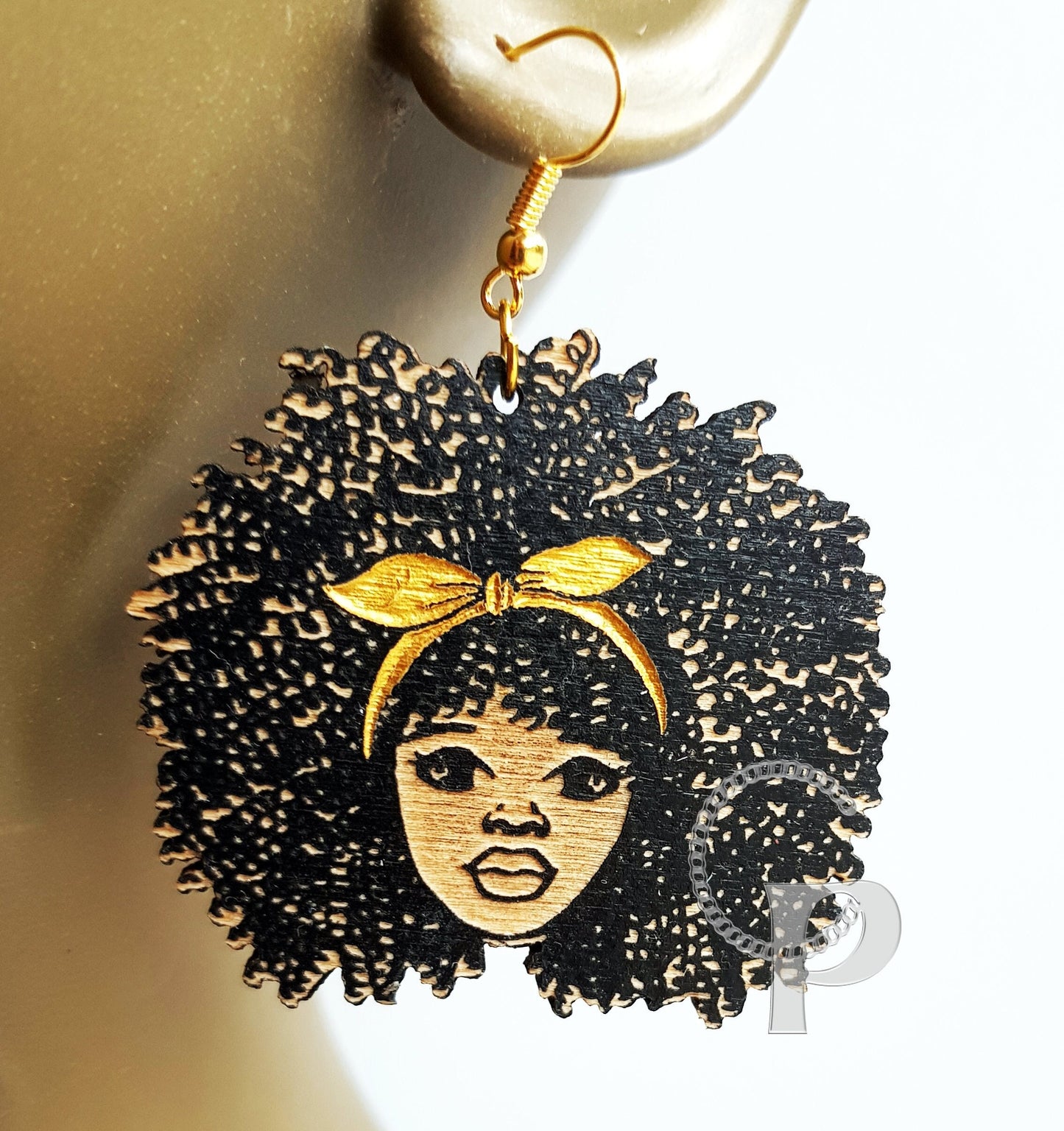 African earrings woman Afro silhouette wooden engraved natural hair girl with a bow colors