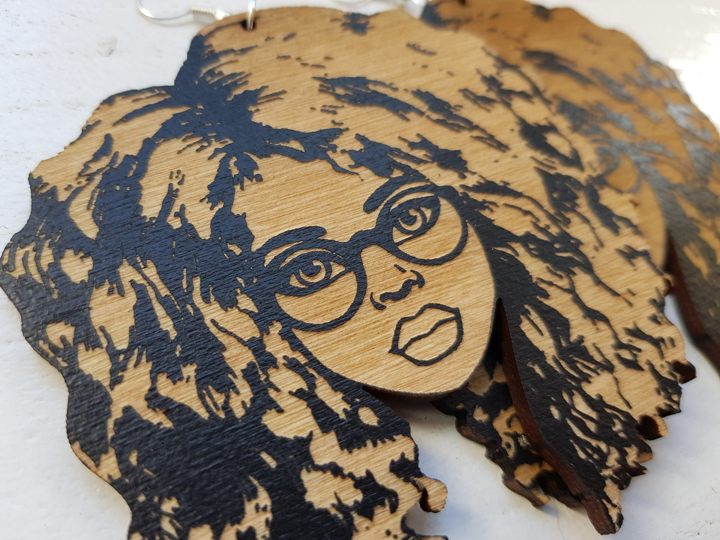 African earrings Afro woman silhouette wooden engraved natural hair glasses waves black