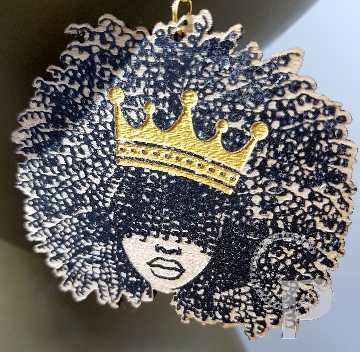 African earrings woman Afro crown silhouette wooden engraved