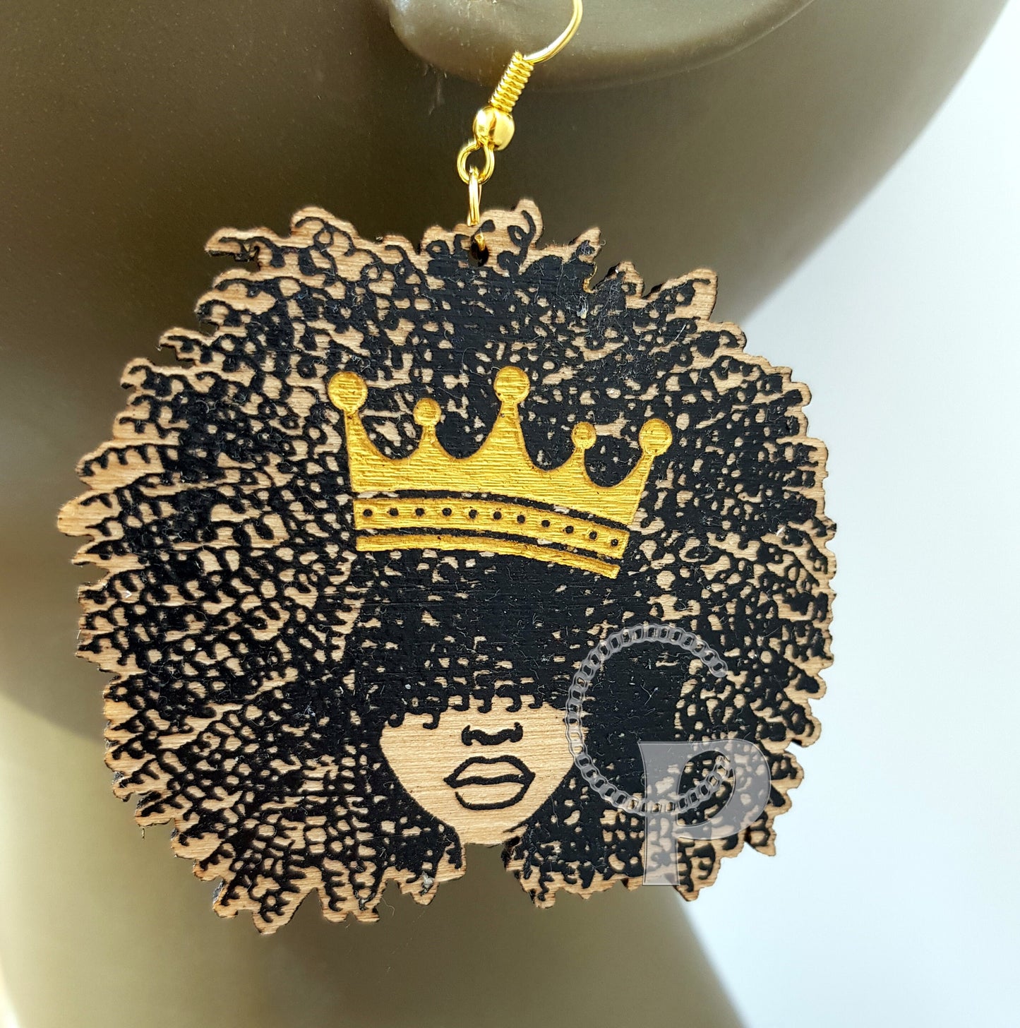 African earrings woman Afro crown silhouette wooden engraved