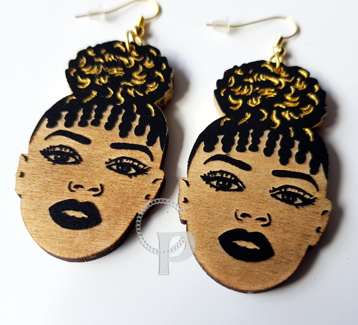 African earrings woman Afro puff silhouette wooden engraved natural hair earrings black and gold