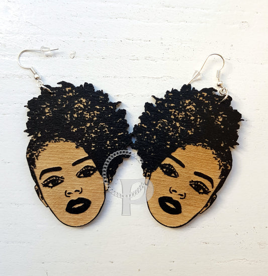 African woman Afro silhouette wooden engraved natural hair coils side updo earrings black