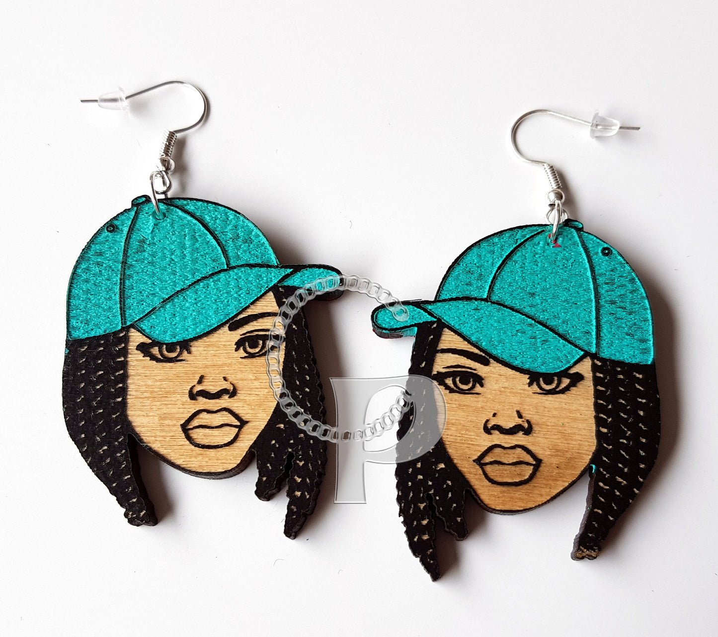 African earrings woman Afro silhouette wooden engraved natural hair girl with in a baseball cap