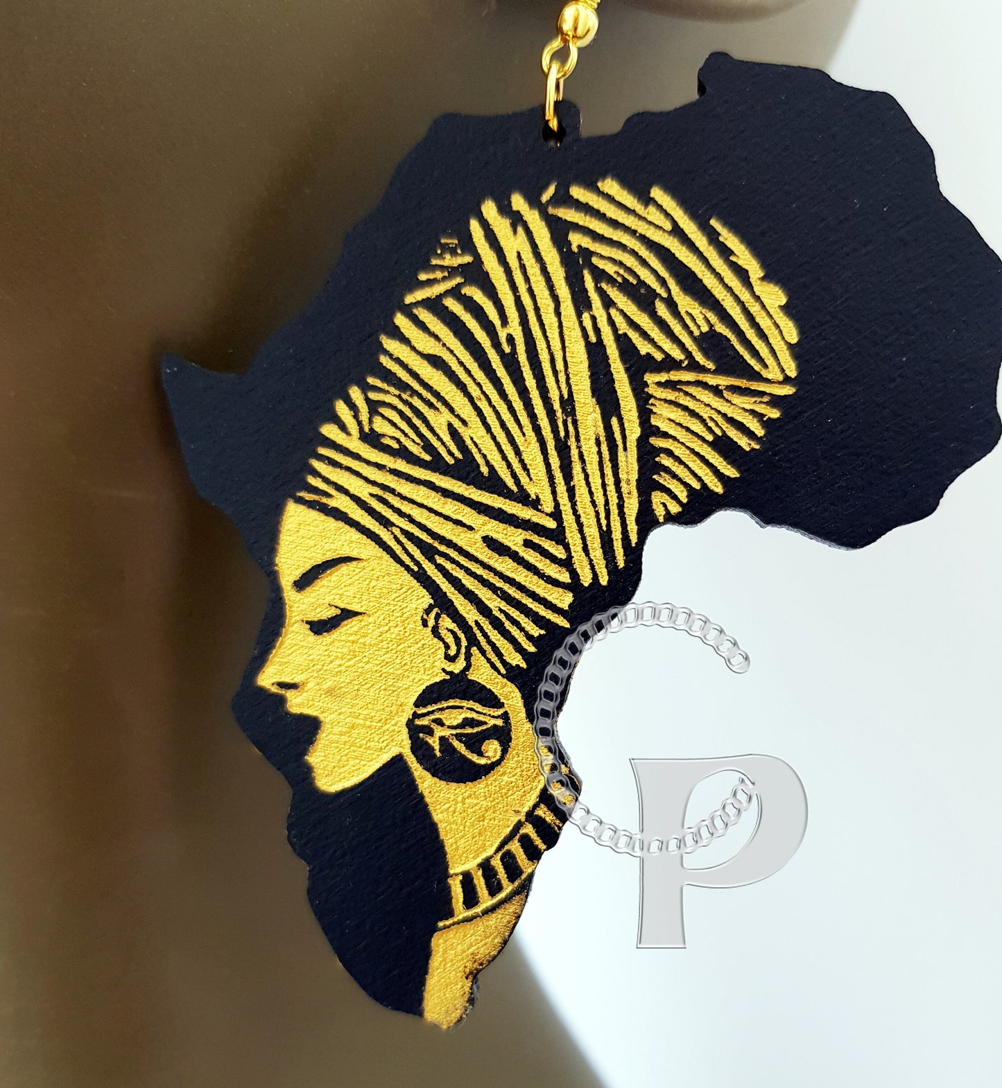 Africa earrings Ethnic woman silhouette wooden engraved black and gold