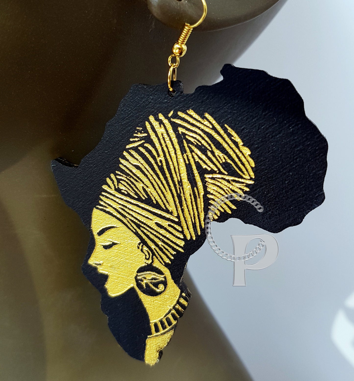 Africa earrings Ethnic woman silhouette wooden engraved black and gold