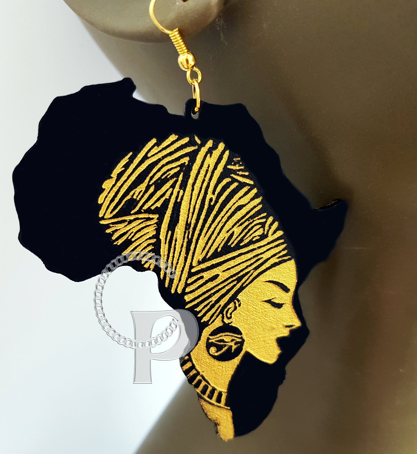 Africa earrings Ethnic woman silhouette wooden engraved black and gold